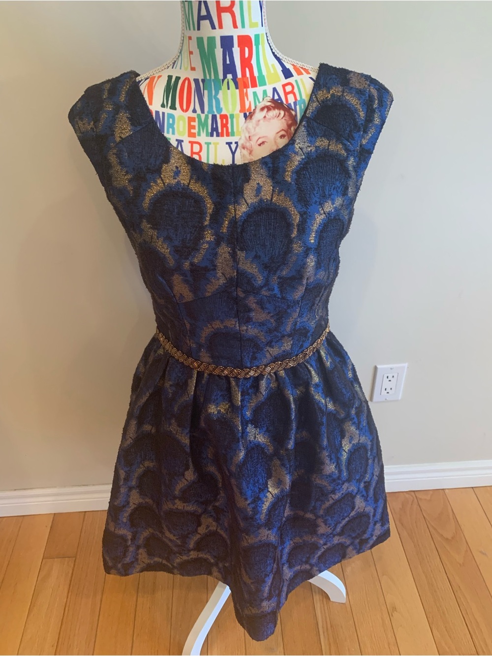 NWT Minuet Blue and Gold Dress Fully Lined